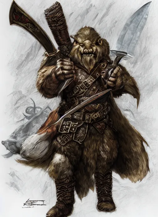 Image similar to strong young man, photorealistic bugbear ranger holding aflaming sword, black beard, dungeons and dragons, pathfinder, roleplaying game art, hunters gear, jeweled ornate leather and steel armour, concept art, character design on white background, by alan lee, norman rockwell, makoto shinkai, kim jung giu, poster art, game art