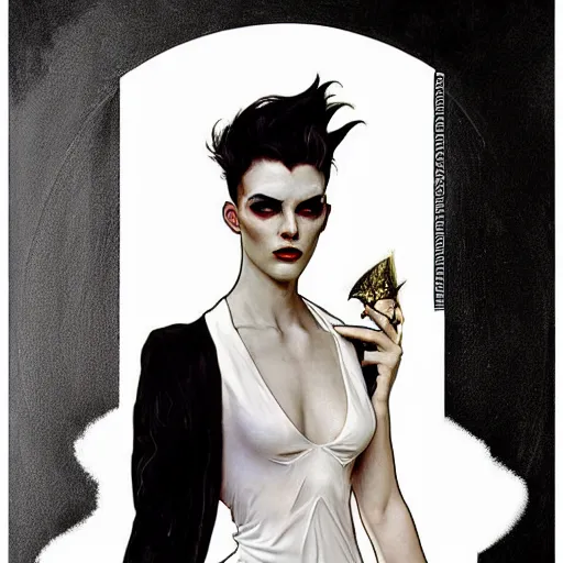 Image similar to beautiful portrait of androgynous ruby rose as desire from sandman in a white tuxedo!!!, rockabilly style, by alphonse mucha, cedric peyravernay, by jeremy mann, by frank moth, white suit and black tie, double picture, soft lightning, high detailed, 8 k