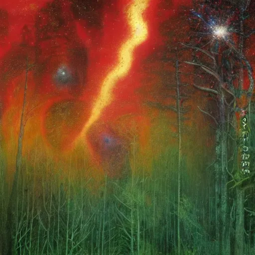 Image similar to psychedelic big cats lush pine forest, horror, scary, dark, outer space, milky way, designed by arnold bocklin, jules bastien - lepage, tarsila do amaral, wayne barlowe and gustave baumann, cheval michael, trending on artstation, star, sharp focus, colorful refracted sparkles and lines, soft light, 8 k 4 k