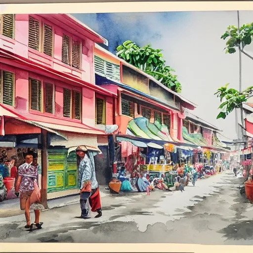 Prompt: singapore katong shophouses street scene, highly detailed, contemporary watercolor, smooth, by joseph zbikowicz, 8 k