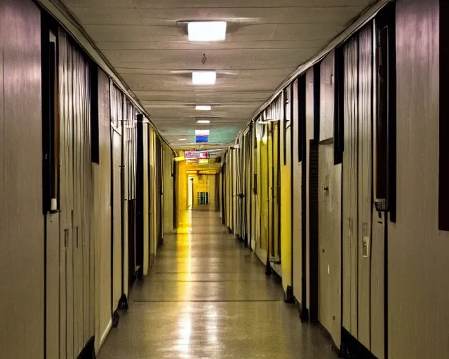 Image similar to a school corridor at night, night time, after hours, moonlight, colour