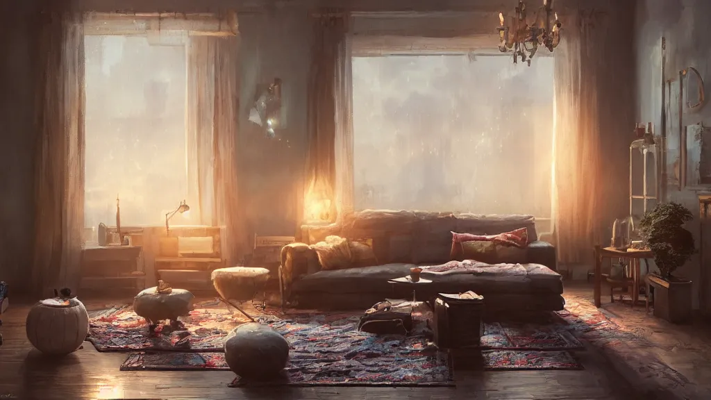 Image similar to a photorealistic hyperrealistic render of an interior of a beautifully decorated cozy living room by pixar, greg rutkowski, wlop, artgerm, dramatic moody sunset lighting, long shadows, volumetric, cinematic atmosphere, octane render, artstation, 8 k