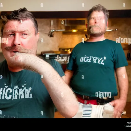 Image similar to an irish middle aged gentleman with brown moptop hair and red cheeks is doing the chicken dance in his kitchen. he is clean shaven. he is wearing a dark blue tshirt and khaki shorts. he holds his arms out like they are chicken wings and dances animatedly. he has no beard or moustache.