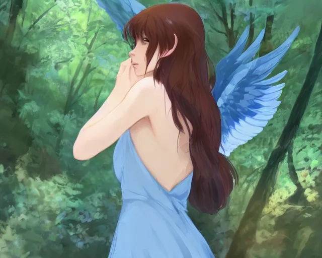 Image similar to a girl with two wings on her back in a forest. She has TWO wings on her back!!! Angel! Two blue wings!! She is facing the camera!!! Close up!! Front shot!! By Makoto Shinkai, trending on ArtStation, digital art.