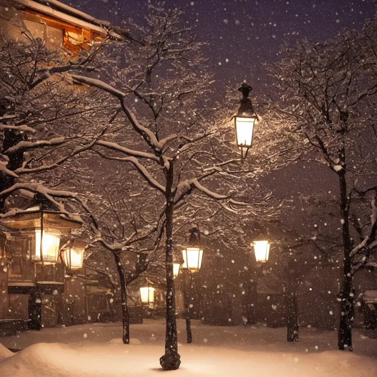 Image similar to a snowy japanese courtyard at night illuminated by globe lamps