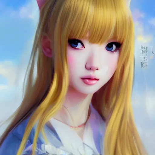 Image similar to realistic beautiful gorgeous natural cute Blackpink Lalisa Manoban blonde hair cute fur blonde cat ears in maid dress outfit golden eyes artwork drawn full HD 4K highest quality in artstyle by professional artists WLOP, Taejune Kim, Guweiz, ArtGerm on Artstation Pixiv