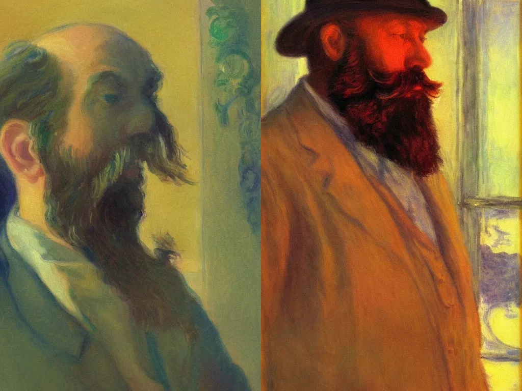 Prompt: fisheye lens, low angle portrait of a bearded man surrounded by mystic energy, impressionist watercolor by Monet, cinematic lighting, by Edward Hopper, dull tones, art by Henri De Toulouse