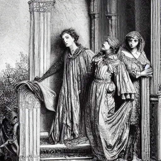 Prompt: a scene from romeo and juliet, high detail, illustration by gustave dore