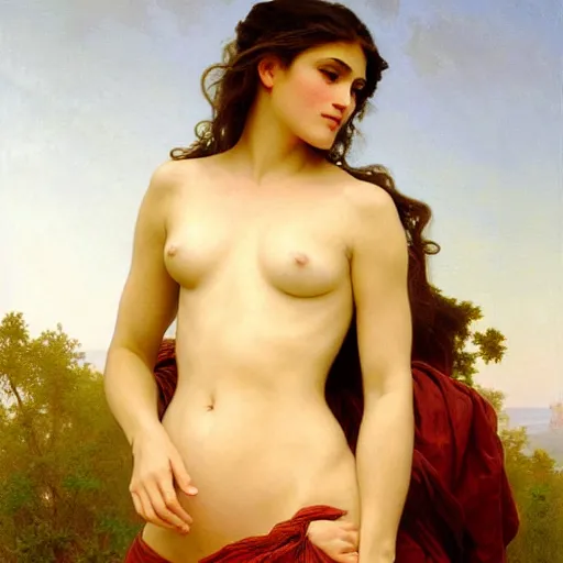 Image similar to Painting of Cindy Crawford. Art by william adolphe bouguereau. During golden hour. Extremely detailed. Beautiful. 4K. Award winning.