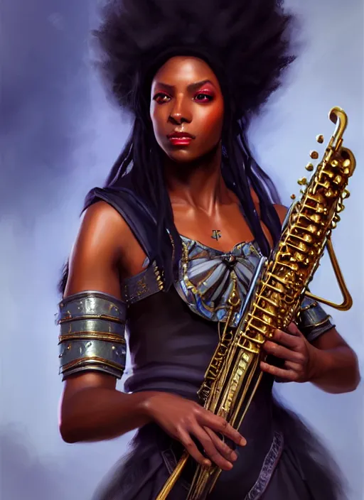 Prompt: a _ fantasy _ style _ portrait _ painting _ of black female charismatic bard playing instrument, rpg dnd oil _ painting _ unreal _ 5 _ daz. _ rpg _ portrait _ extremely _ detailed _ artgerm _ greg _ rutkowski _ greg