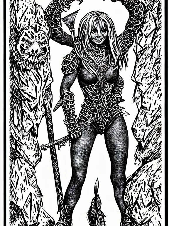 Image similar to britney spears as a d & d monster, full body, pen - and - ink illustration, etching, by russ nicholson, david a trampier, larry elmore, 1 9 8 1, hq scan, intricate details, inside stylized border