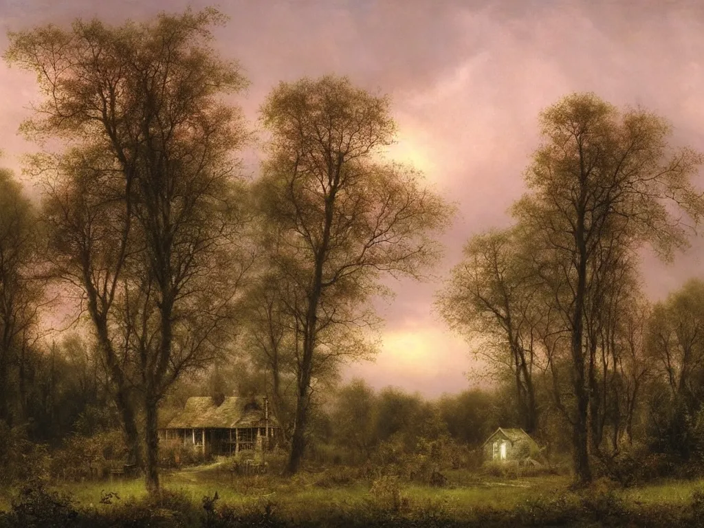 Prompt: a gorgous witchhouse in a woodland, evening mood, pink clouds in the sky, by clive madgwick