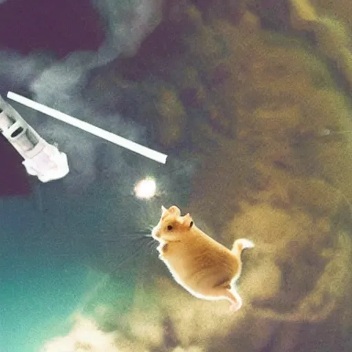 Prompt: a photo of a hamster flying using a jetpack while launching missiles at the camera