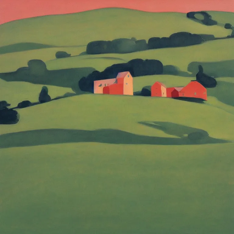 Image similar to dreaming rural landscape with architecture, painted by Alex Katz, painted by Edward Hopper, airbrush