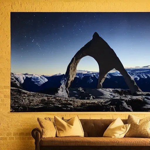 Image similar to Galactic arch, snowy mountains and lakes, in the style of National Geographic magazine, astronomical photography