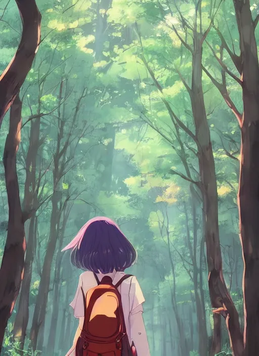 Prompt: a girl wearing a backpack standing on a path looking up and around in a forest. Trees, shady, bob hairstyle. Vibrant colors. Anime, by Makoto Shinkai, Stanley Artgerm Lau, WLOP, Rossdraws, James Jean, Andrei Riabovitchev, Marc Simonetti, krenz cushart, Sakimichan, trending on ArtStation, digital art.