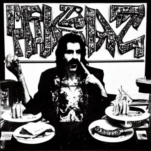 Prompt: portrait of Frank Zappa eats a frank at Zappa club