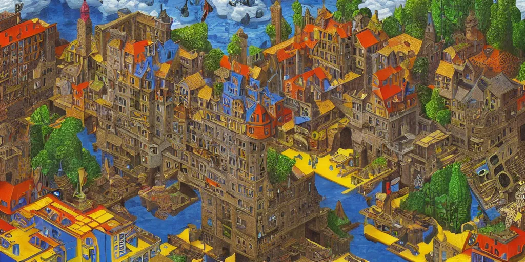 Prompt: virtual art museum in a 9 0's video game in the style of mc escher and heironymus bosch, colorful intricate masterpiece, hyper detailed, hd, sharp focus