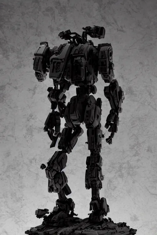 Image similar to a cinematic shot of a beautiful art toy figurine by ashley wood and world of aaa, mecha warrior, threea toys, intricate dark background, dramatic light, blade runner 2 0 4 9 mood