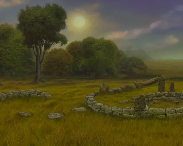 Prompt: empty grass field with a burned down small stone circle, at midday, from a fantasy themed point and click 2 d graphic adventure game, art inspired by thomas kinkade,