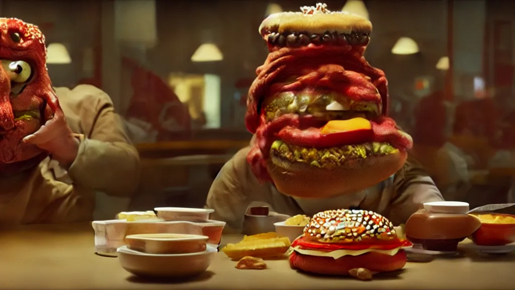 Image similar to the strange cheeseburger creature at the fast food place, film still from the movie directed by denis villeneuve and david cronenberg with art direction by salvador dali and zdzisław beksinski, wide lens