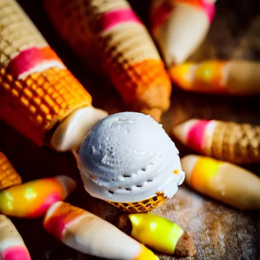 Prompt: a detailed photograph of an ice cream cone studded with candy corn like a medieval mace.