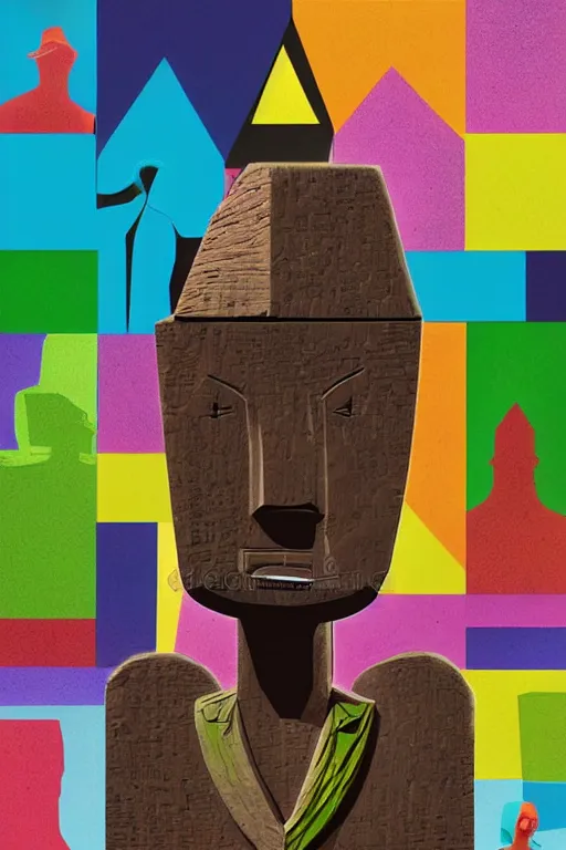 Image similar to cubist moai statue cutout digital illustration cartoon colorful beeple