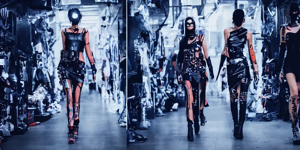 Image similar to catwalk fashion in cyberpunk style