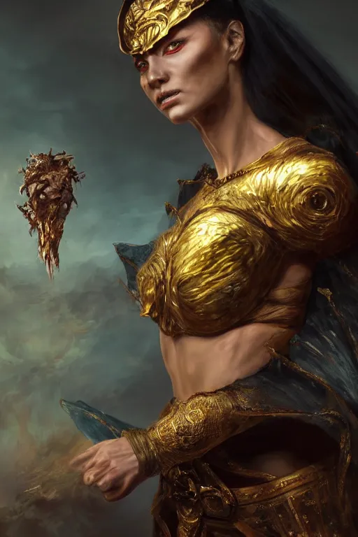 Prompt: fantasy character concept portrait, digital painting, wallpaper of an empress tyrant with skin of obsidian, with veins of magma and gold, renaissance nimbus overhead, by aleksi briclot, by laura zalenga, by alexander holllow fedosav, 8 k dop dof hdr, vibrant