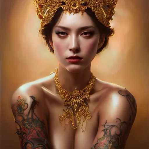 Prompt: expressive oil painting, of alluring european princess, seductive look, smirk, smooth glowing skin, glistening body, love, adoration, sweat, tattoos, ornate headpiece made from beads, glamour shot, by yoshitaka amano, by greg rutkowski, by jeremyg lipkinng, by artgerm, digital art, octane render, grunge aesthetic