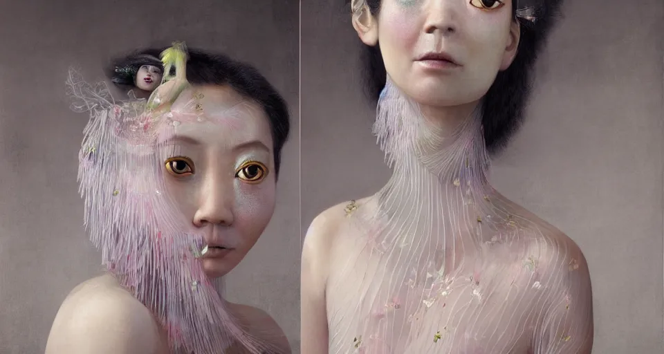 Prompt: closeup shot of asian female wearing a luminous soft fragile jelly fish dress, symmetrical face, by ray caesar, by louise dahl wolfe, by andrea kowch, by anna claren, surreal photography