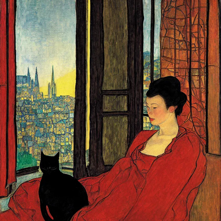 Image similar to close portrait of woman in night gown with cat and aloe vera, with city with gothic cathedral seen from a window frame with curtains. sun through the clouds. georges de la tour, egon schiele, henri de toulouse - lautrec, utamaro, monet