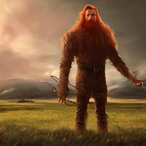 Prompt: a highly detailed portrait of a massive epic fantasy giant redhead man standing in a field concept art