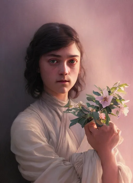 Prompt: portrait of arya stark holding flowers, elegant, smooth glowing skin, glamour shot, super detailed, storybook fantasy, soft cinematic lighting, by yoshitaka amano, by bouguereau, bygreg rutkowski, by jeremy lipking, by artgerm, digital art, octane render