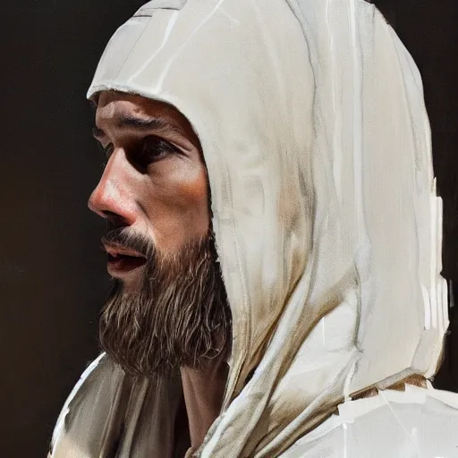 Prompt: a full body lookbook portrait of modern - day jesus wearing cream fear of god menswear collection by nicola samori, hat and hoodie, detailed, oil painting, hyper - realistic, 8 k, yeezy collection