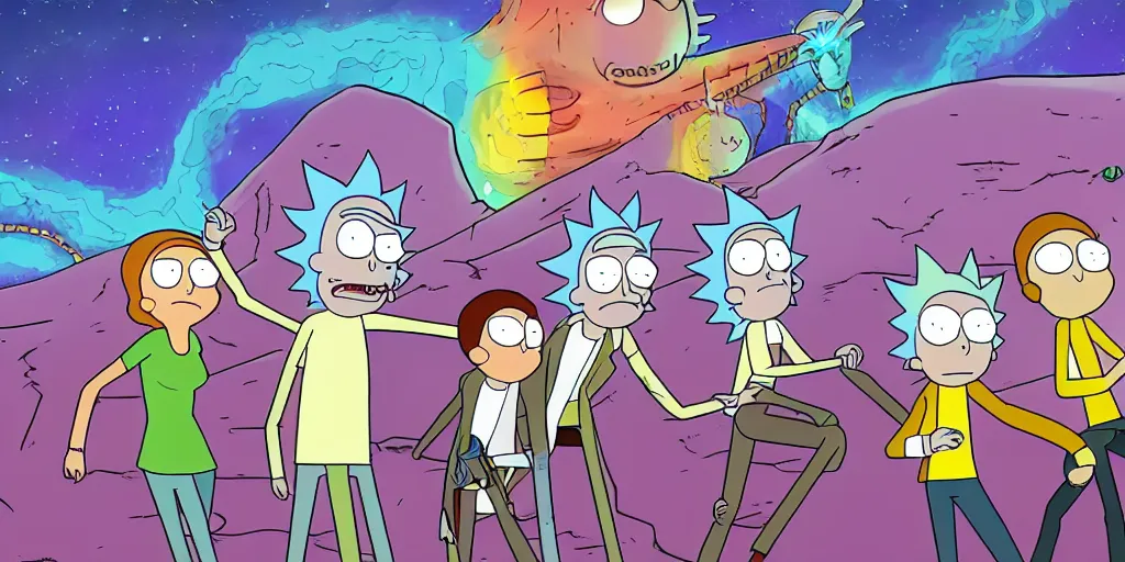 Image similar to rick and morty adventure, battling aliens