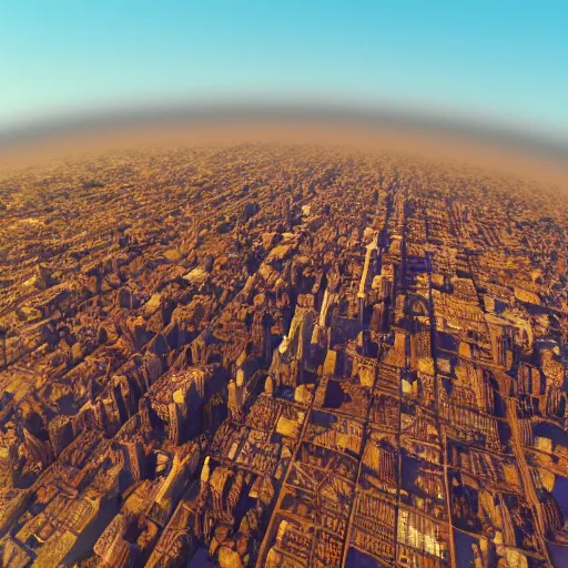 Image similar to pov, flying feet - first along the boundary of the skybox, towards dusty gilded bronze flower metropolis, beautiful saturation, weak zoom blur, gradient aperture, warm dappled lighting, global illumination