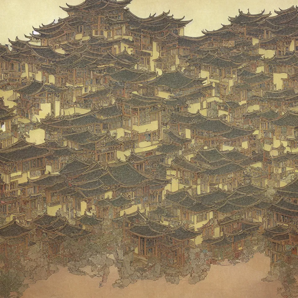 Image similar to a painting of hongcun ancient village houses by alphonse mucha and aaron horkey