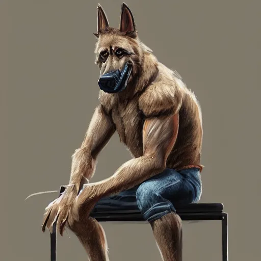 Image similar to a humanoid german shepherd beast - man, sitting on a couch and puts on jeans, artstation, concept art, smooth, sharp foccus ilustration, artstation