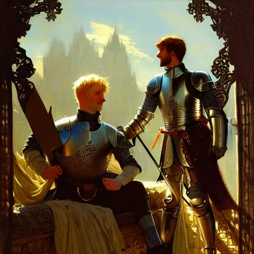 Image similar to attractive arthur pendragon and his attractive male knight, they are in love, natural lighting, path traced, highly detailed, high quality, digital painting, by gaston bussiere, craig mullins, alphonse mucha j. c. leyendecker