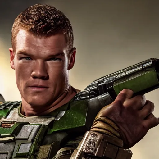 Image similar to Alan Ritchson as doomguy, 4k, high detail, high-resolution photograph