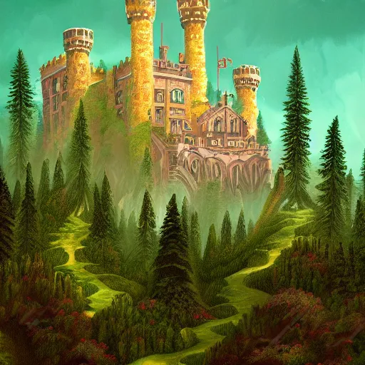 Image similar to a beautiful ultradetailed painting of high fantasy surreal arcane castle on a green mountain above a forest by wes anderson trending on artstation