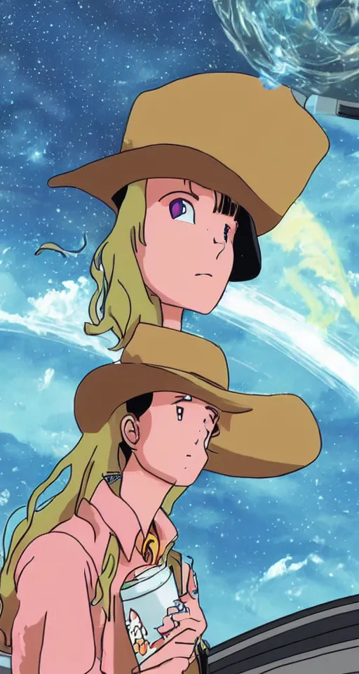 Image similar to a young cowgirl in space smoking a cigarette while looking out the window of her spaceship, sad and introspective, 9 0 s anime style