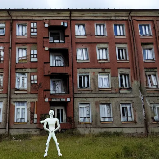 Prompt: an alien standing in front of a soviet apartment complex, eikon, khruschevka