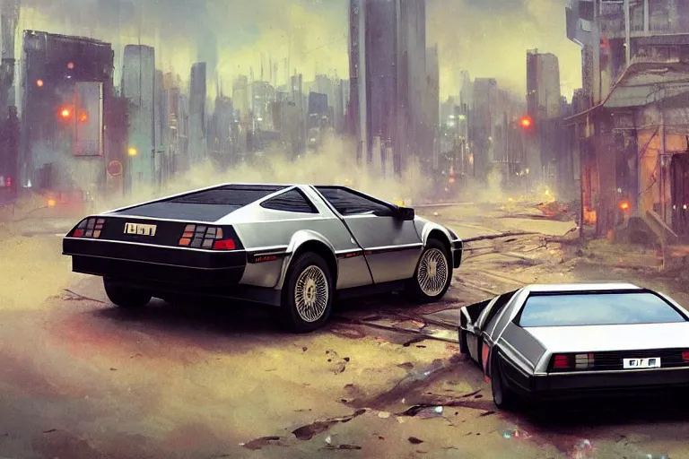 Image similar to photograph of the delorean, with a sleek spoiler, driving down the streets of a cyberpunk abandoned city, by greg rutkowski, by stanley artgerm, by alphonse mucha