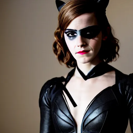 Image similar to Emma Watson as Catwoman, Fujifilm X-T3, 1/1250s at f/2.8, ISO 160, 84mm, 8K, RAW, symmetrical balance, Dolby Vision, HDR, Gigapixel