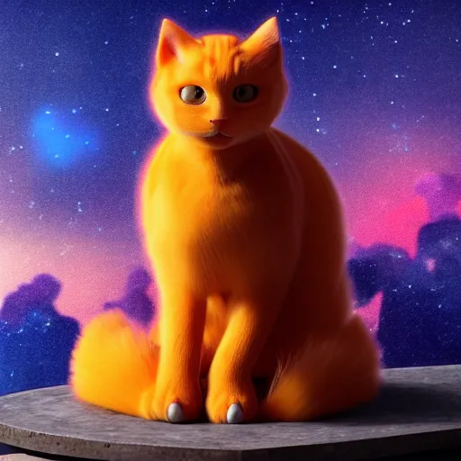 Image similar to A fuzzy orange cat sitting on planet earth, space with stars in the background, trending on artstation, 3D animation Style