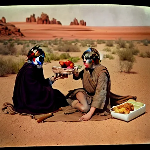 Image similar to autochrome wet plate photograph of luke skywalker having a picnic in the desert