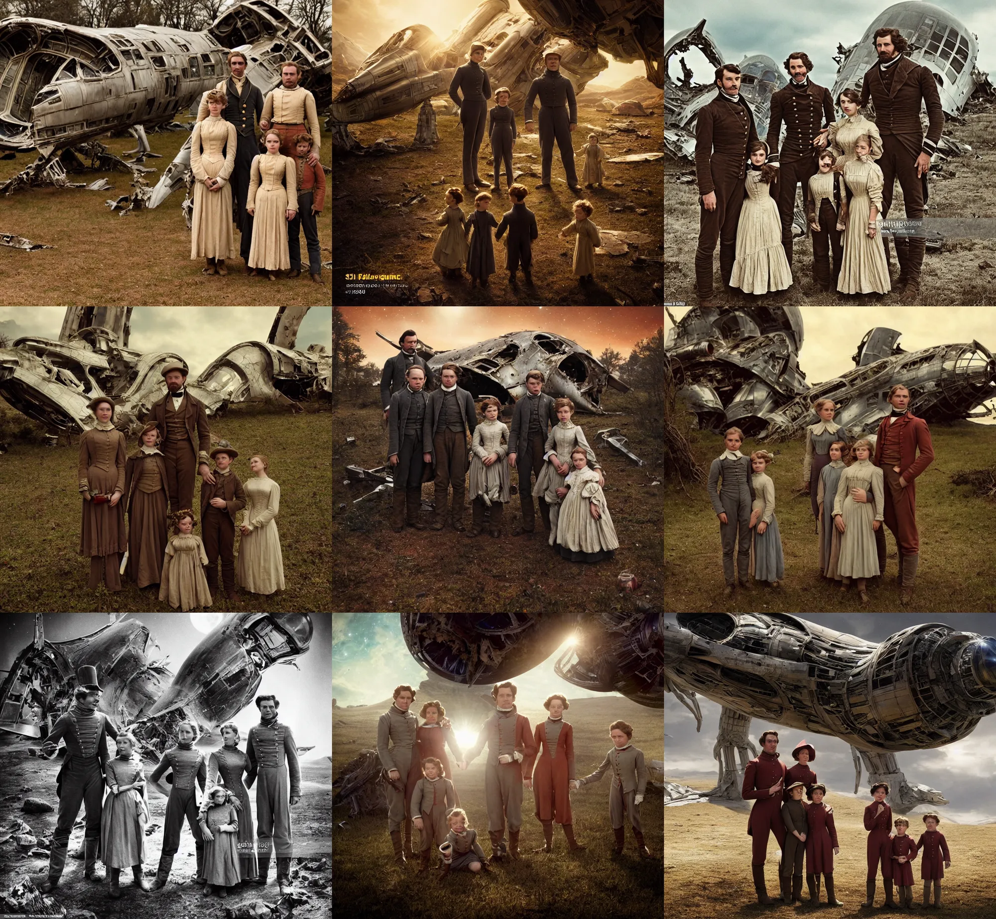 Prompt: sharp, highly detailed, film from a blockbuster sci fi 4 k color movie, set in 1 8 6 0, family standing in front of a crashed spaceship, on a alien planet, looking happy, wearing 1 8 5 0 s era clothes, atmospheric lighting, in focus, reflective eyes, 3 5 mm macro lens, live action, nice composition, good photography, focus faces