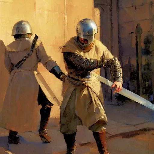 Prompt: man wearing gambeson and medieval helmets, swining sword, fighting, detailed by greg manchess, craig mullins, bernie fuchs, walter everett